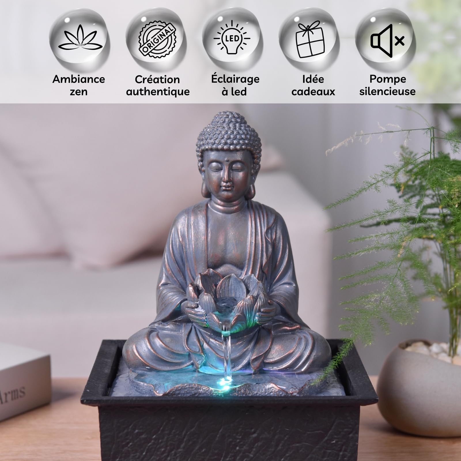 Fontaine d’Intérieur Bouddha Méditation Lotus Lumière LED Coloré – Déco Zen Salon Chambre - Fontaine de Table Mouvement Relaxant - Porte-Bonheur Cadeau Utile Femme et Homme – H 26cm – Sutra Zen’Light