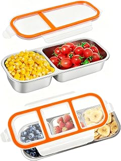Stainless Steel Lunch Snack Box,Stainless Containers with Lids, snack containers 3 compartment,Leak Proof Metal Lunch Box,Stackable,10.7 Inch,for Lunch, Travel & Camping (2)