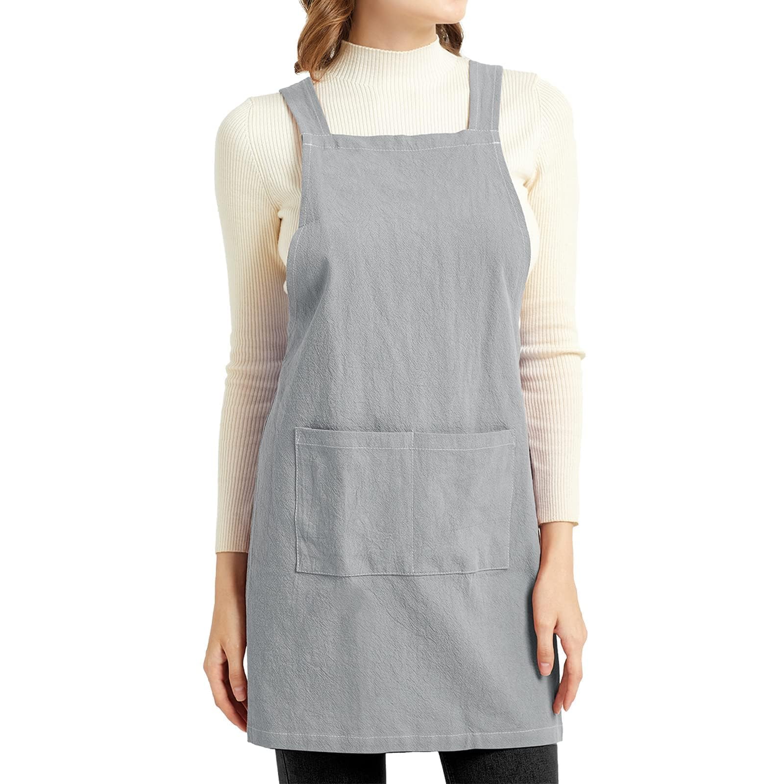 ELEZAY Aprons for Women with Pockets Plus Size Comfort Cross Back No Tie Cotton Linen Apron Pinafore