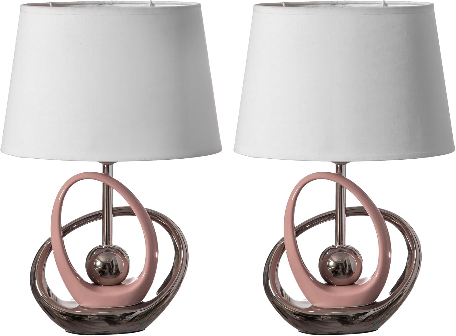 Quickway Imports Table Lamps, 16" Decorative Ceramic Table Lamp, with Reflecting Silver and Pink Circular Stand and White Cotton Lampshade, Unique Lamp for Living Room or Bedroom, Set of 2