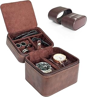 TSA-Friendly 2 Slot Watch Travel Case for Men, (Fits 7-8" Wrists) Carry-On Ready with Removable Pillows & Airplane Protection, Leather Jewelry Organizer for Wristwatches, Rings, Cufflinks (Brown)