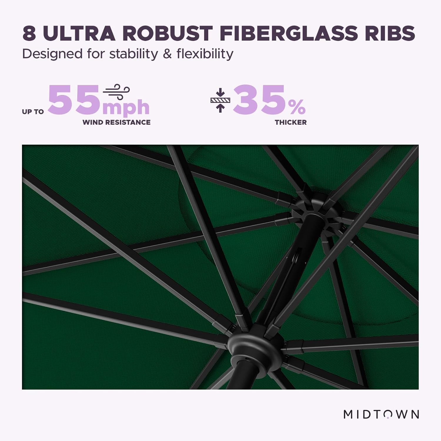 Midtown Umbrellas 9 Feet Aluminum Patio Umbrella With Fiberglass Ribs In Sunbrella Forest Green, Auto-Tilt And 360 Degrees Swivel For Optimal Shade, Kevlar Cord For Long Lasting Use