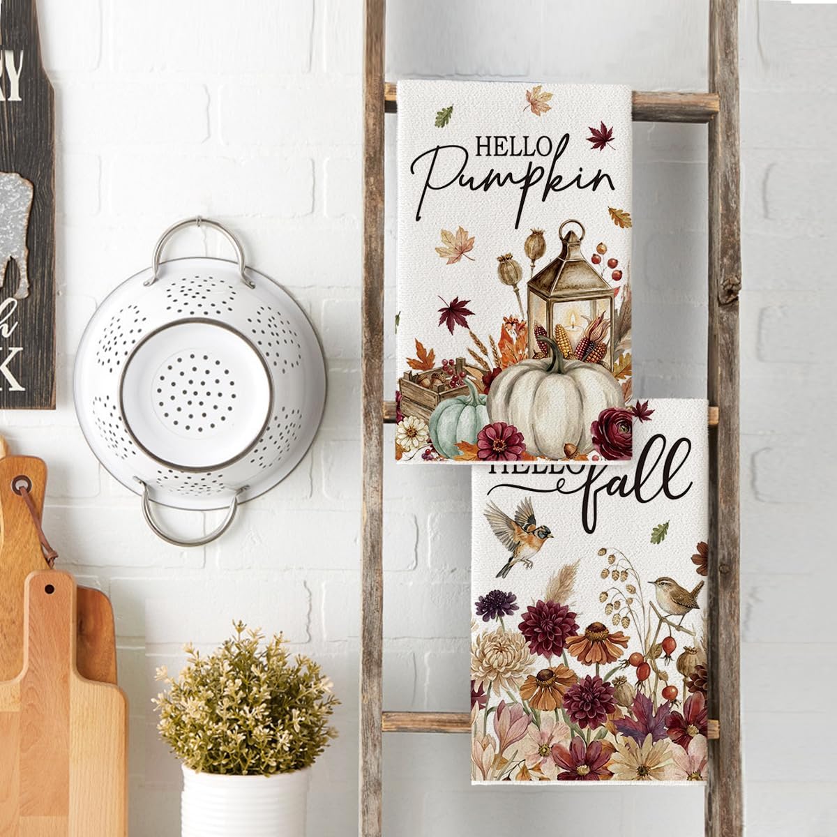Artoid Mode Hello Pumpkin Floral Fall Kitchen Towels Set of 2 18x26 Inch