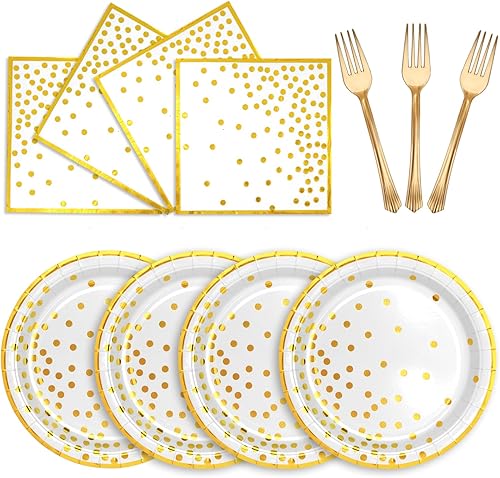 Juego de vajilla de papel de oro blanco, 50 platos desechables de papel de 7 pulgadas, 50 servilletas de 6.5 pulgadas y 50 tenedores de plástico de