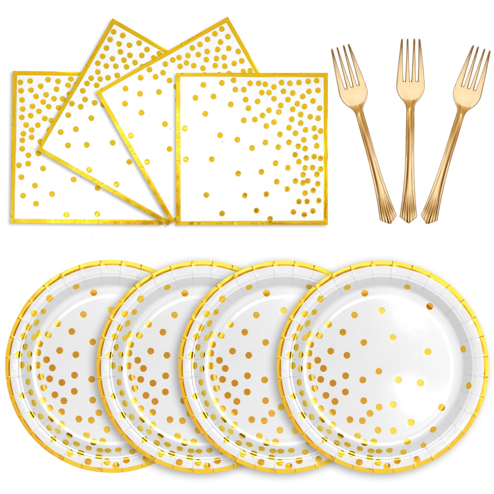White Gold Paper Tableware Set-50*7" Paper Desset Plates & 50*6.5" Napkins & 50*7.3" Plastic Forks;Disposable Gold Dots Paper Plates Party Supplies