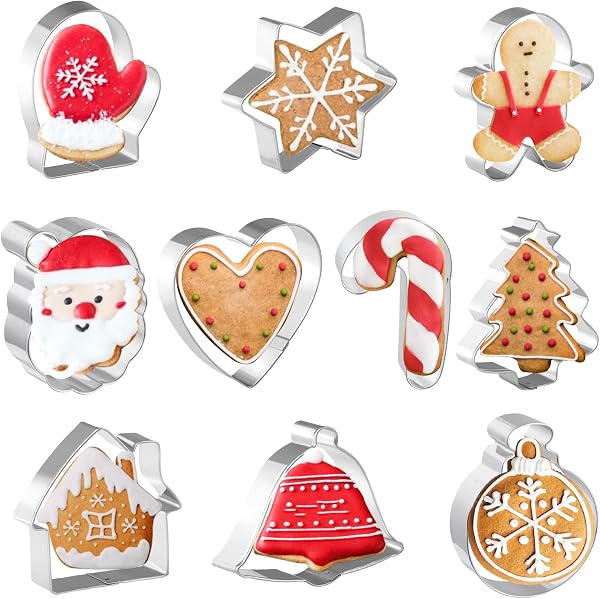 10 Piece Christmas Cookie Cutters Set with Holiday Shapes