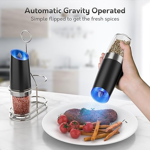 Miniatura 3 de Gravity - Juego de molinillo eléctrico de sal y pimienta, funciona con pilas, con soporte de metal, molinillo de pimienta automático con luz LED,