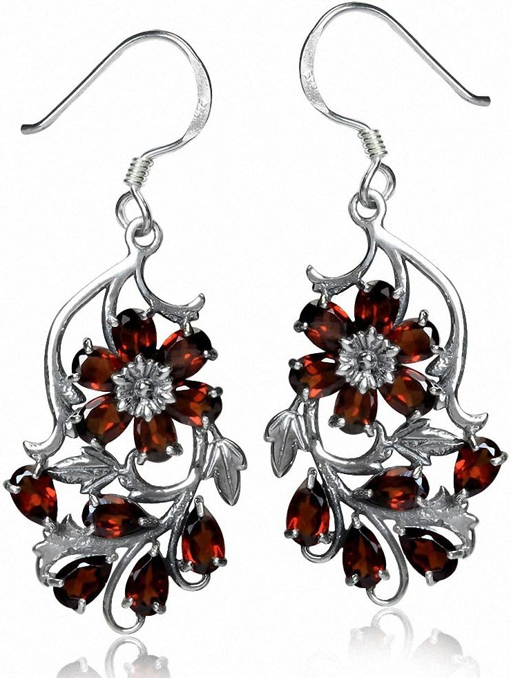 Silvershake Genuine Gemstone 925 Sterling Silver Victorian Style Flower and Leaf Dangle Hook Earrings