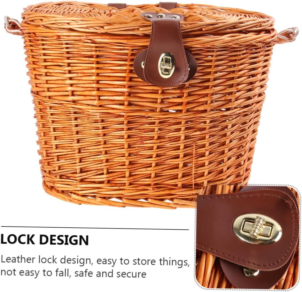UPKOCH Wicker Bike Basket with Lid and Handle Front Handlebar Storage for Bicycles for Mountain and Electric Bikes Sturdy Woven Design for Groceries and Daily Use