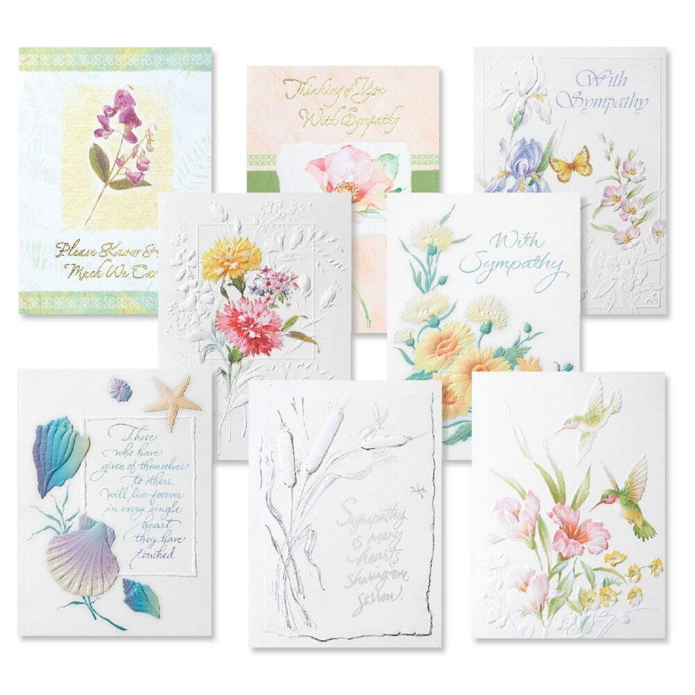 CurrentDeluxe Foil Sympathy Greeting Cards Value Pack - Set of 16 (8 designs) Large 5 x 7, Foil & Embossed Accents, Sentiments Inside, Thinking of You in Sympathy Cards, Envelopes Included