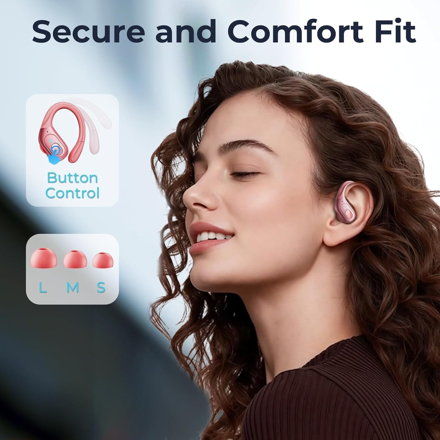 occiam Active Noise Cancelling Earbuds Wireless Bluetooth Headphones Ear Buds 90Hrs Playback Stereo Bass Earphones with Mic Over-Ear Hooks IPX7 Waterproof Headset for Work Sports Running Gym Rose Gold