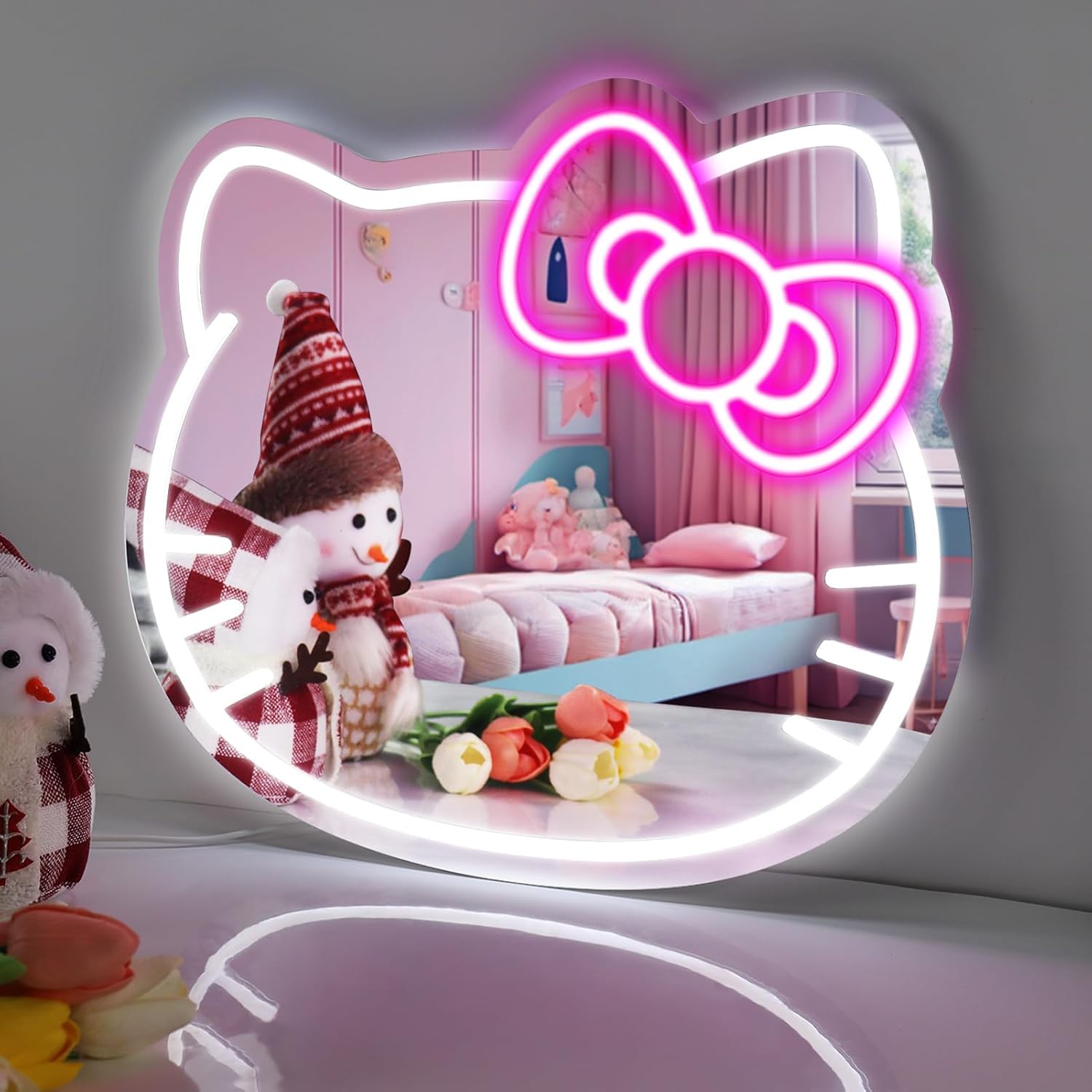 Hello Kit Vanity Mirror with Neon Light 16 x 14inch Large Size, LED Adjustable Brightness USB Powered, Pink Bow, Girl Room Decor, Wall Mounted, Women Makeup for Bedroom