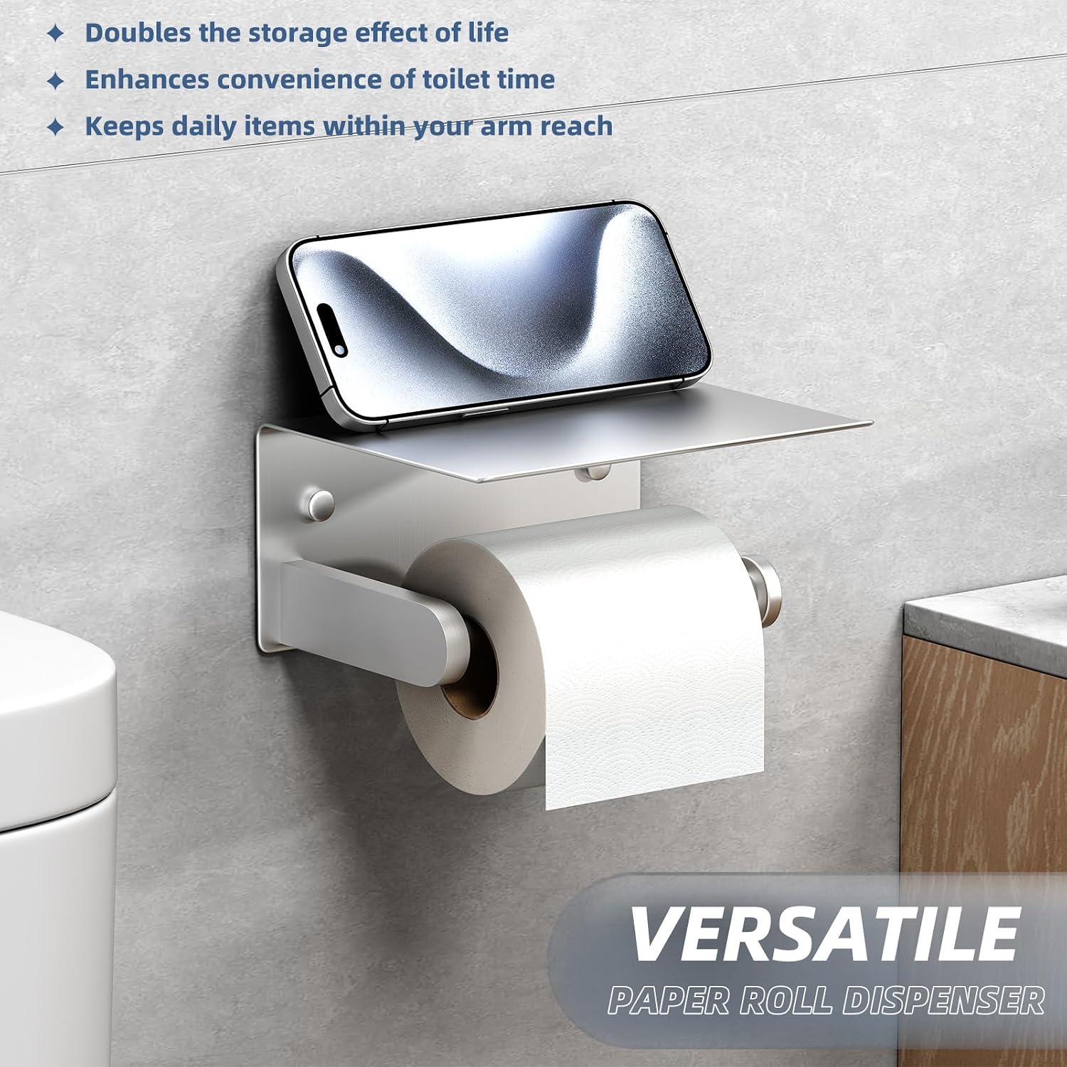 Toilet Paper Holder with Phone Shelf, APLusee SUS 304 Stainless Steel Bathroom Tissue Holder, Wall Mounted Roll Paper Dispenser, Brushed Nickel