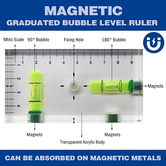 GEONASSUR 95mm Magnetic Acrylic T-Type Torpedo Level, 2 Vials Pocket Levels | Clear acrylic housing, magnetic mounting, multi-angle vials and engraved scale for construction, woodworking and DIY