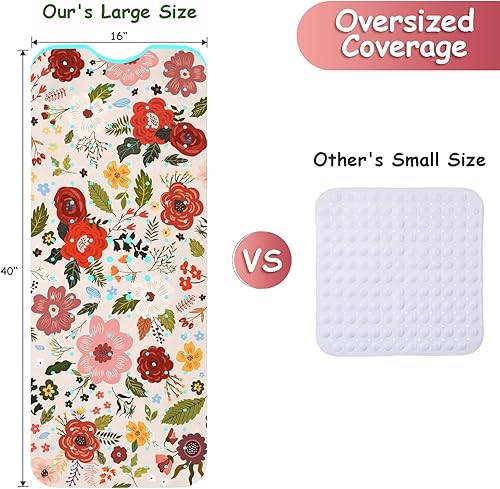 Miniatura 2 de Tapete para bañera antideslizante, bohemio, extra largo, con ventosas y agujeros de drenaje para adultos, niños y ancianos, 40 x 16 pulgadas