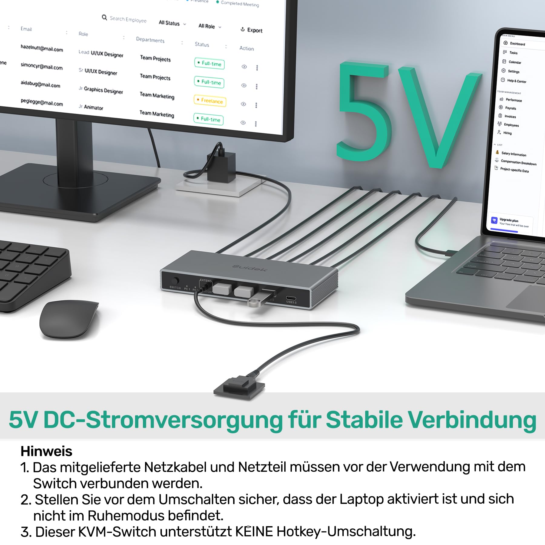 SUIDEK USB-C+HDMI KVM Switch 2 in 1 Out 4K@60Hz Aluminium mit USB 3.0-Anschlüssen für 1 Laptop und 1 Desktop teilen 1 Monitor, Tastatur, Maus und Drucker, mit USB-Kabeln/Controller