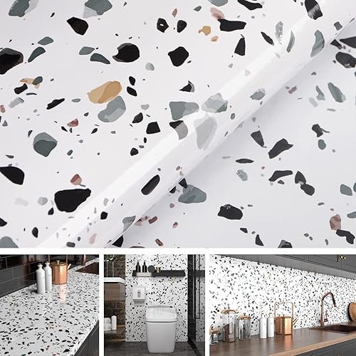 AbaBoorty Papel de contacto de granito de 15.8 x 197 pulgadas, papel de contacto de terrazo blanco para encimeras, papel tapiz autoadhesivo de