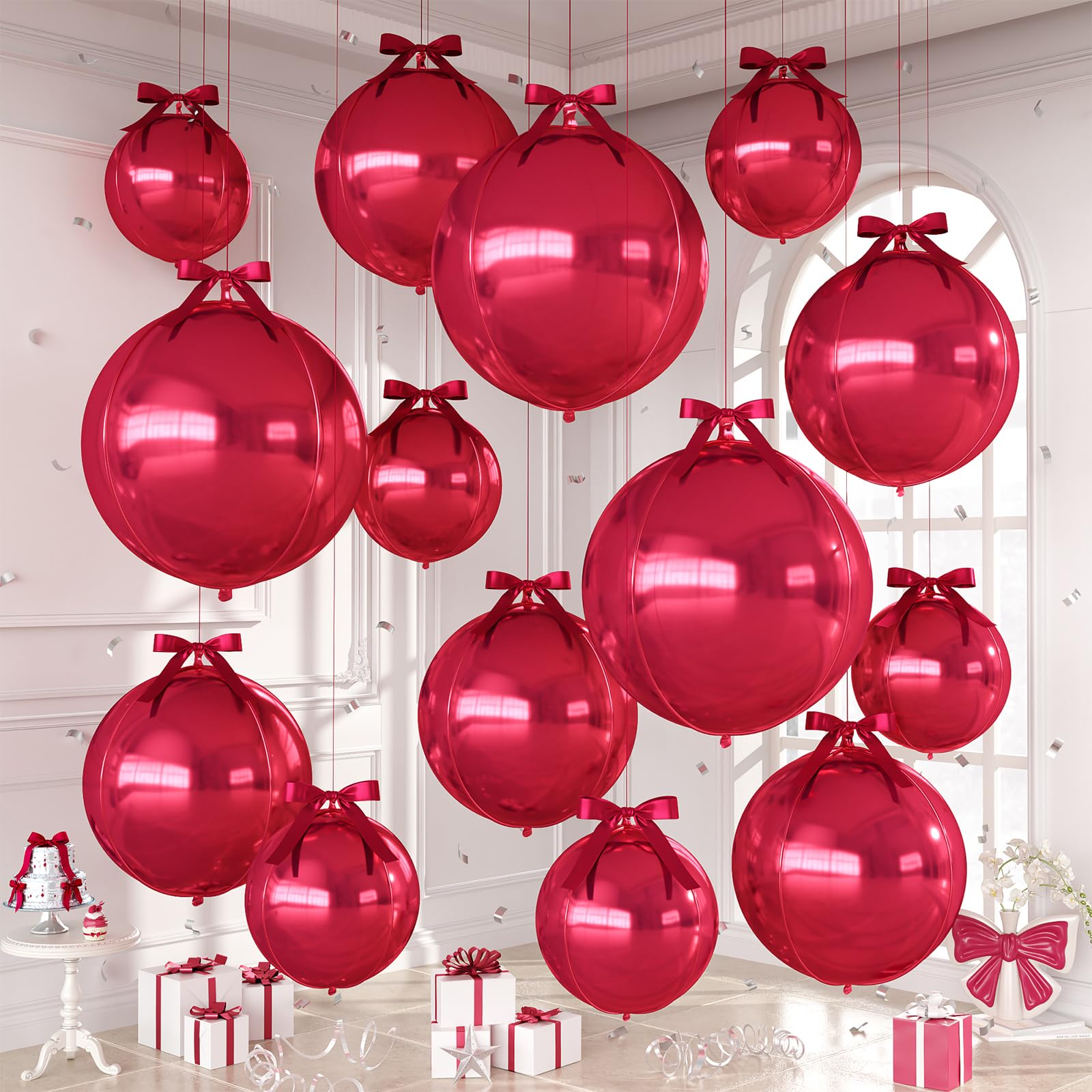 Burgundy Round Foil Balloons with Satin Bows Ribbon, 16PCS 22/15/10 Inch 4D Metallic Burgundy Mylar Ball Balloon for Graduation Birthday Wedding Anniversary New Year Disco Party Ceiling Decorations