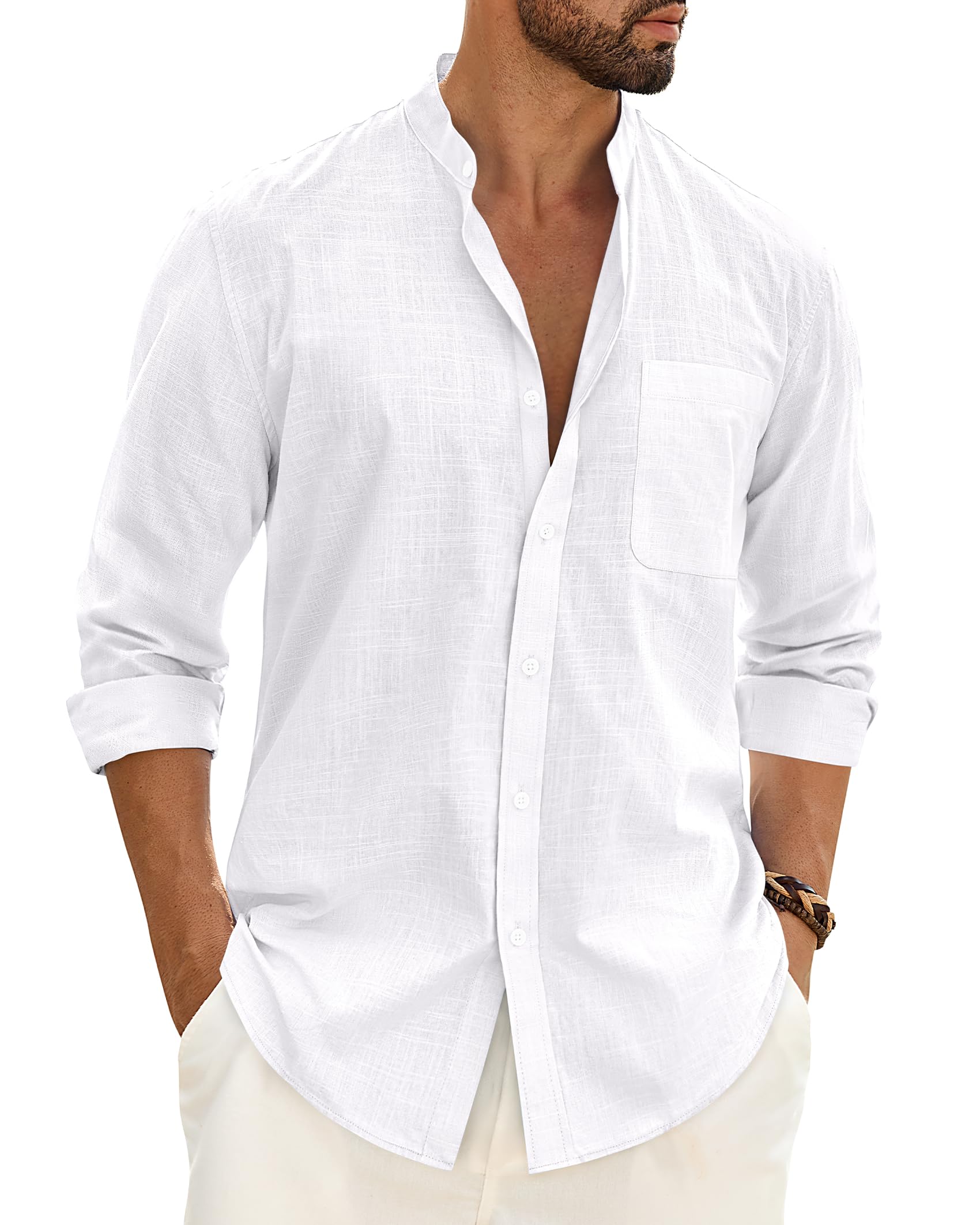 Men's Cotton Linen Shirts Long Sleeve Button Down Shirt Band Collar Beach Shirts