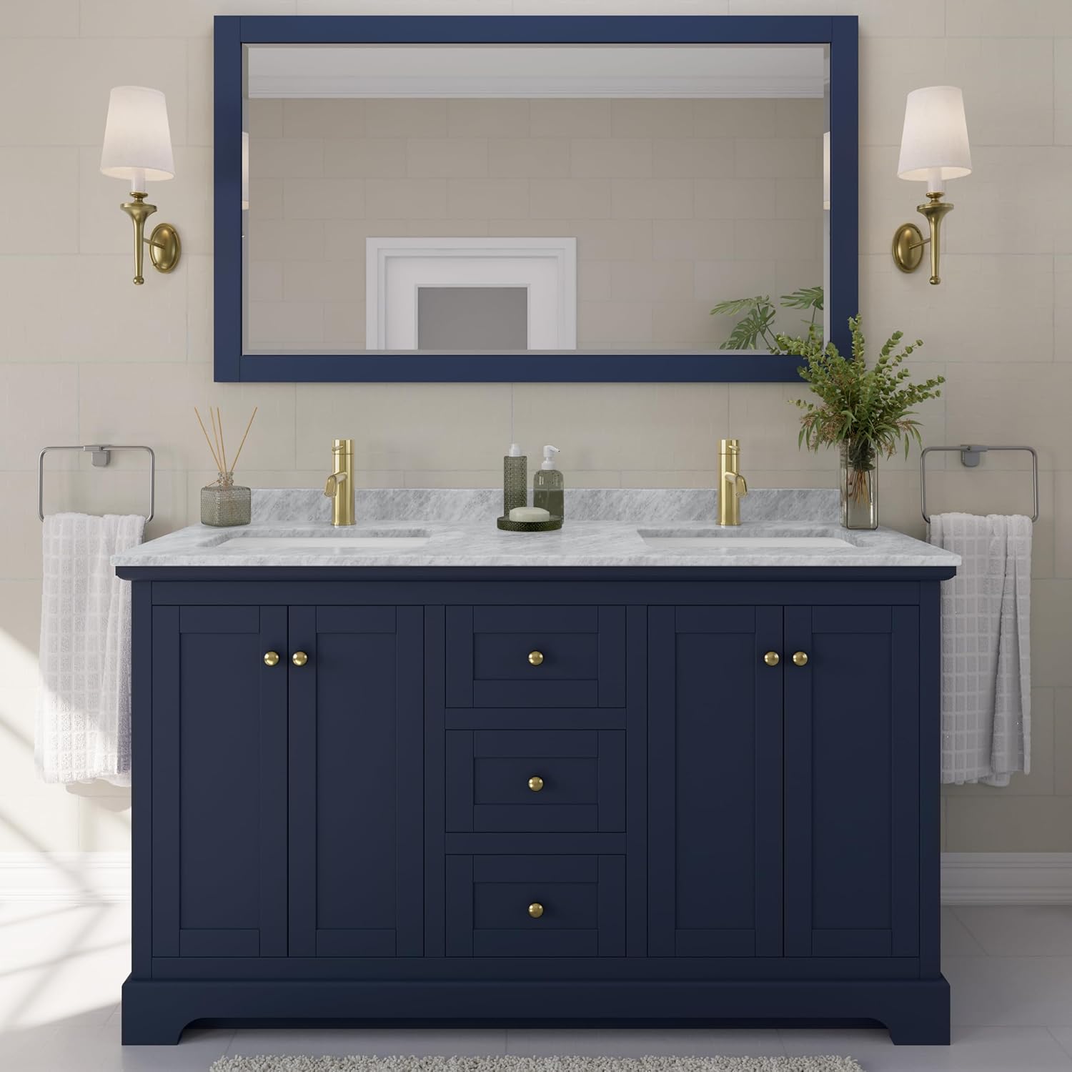 Wyndham Collection Avery 60 Inch Double Bathroom Vanity in Dark Blue, White Carrara Marble Countertop, Undermount Square Sinks, and No Mirror