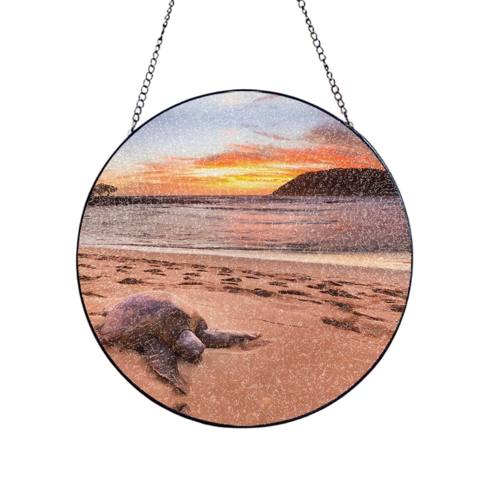 Phayah Sea Turtle Sunset Print Stained Glass Window Hanging Suncatcher For Door Terrace Garden Home Decor Sun Catcher Birthday Gifts For Lovers Dad Mom 8in（20cm）