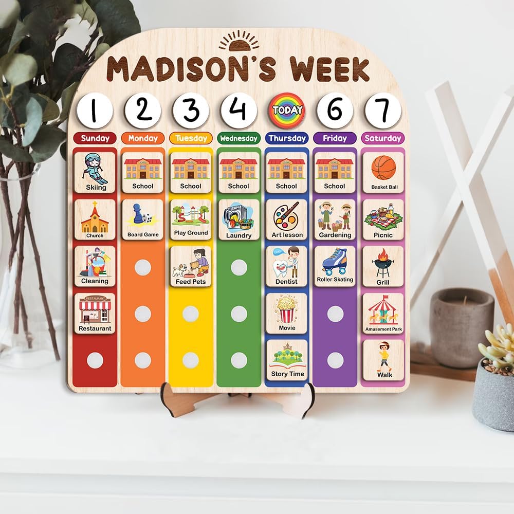 Personalized Wooden Weekly Planner for Kids, Weekly Routine Chart 15x16", Visual Schedule for Kids, Day of the Week Activities for Boys Girls