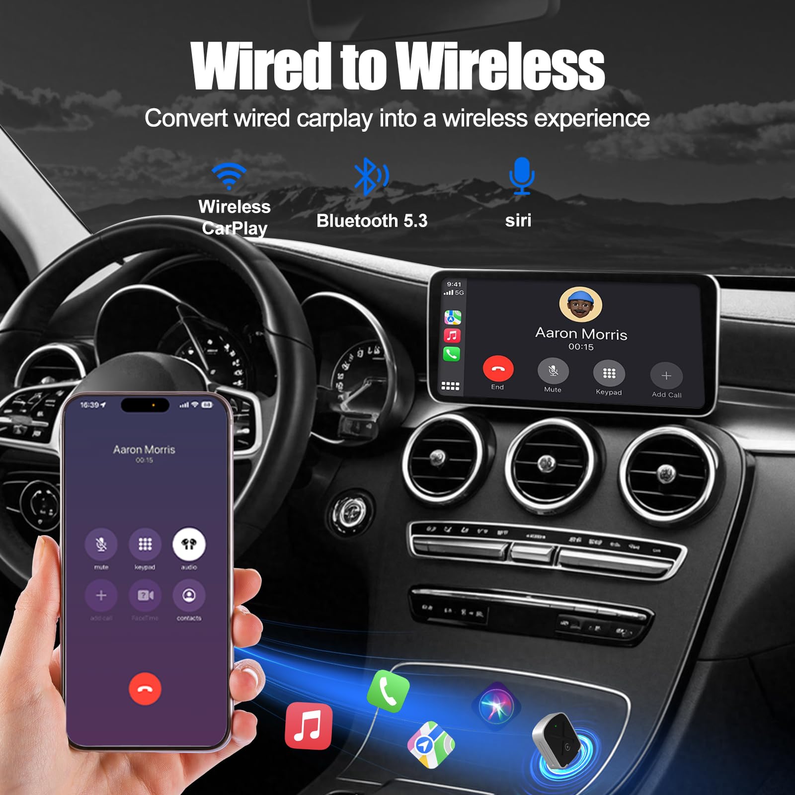 Wireless CarPlay adapter for Apple iPhone, Convert Wired to Wire-less Car Play Adapter with USB & Type-C Extension Cable, Carplay Wireless Adapter Compatible with Cars from 2016 later and Phone iOS10+