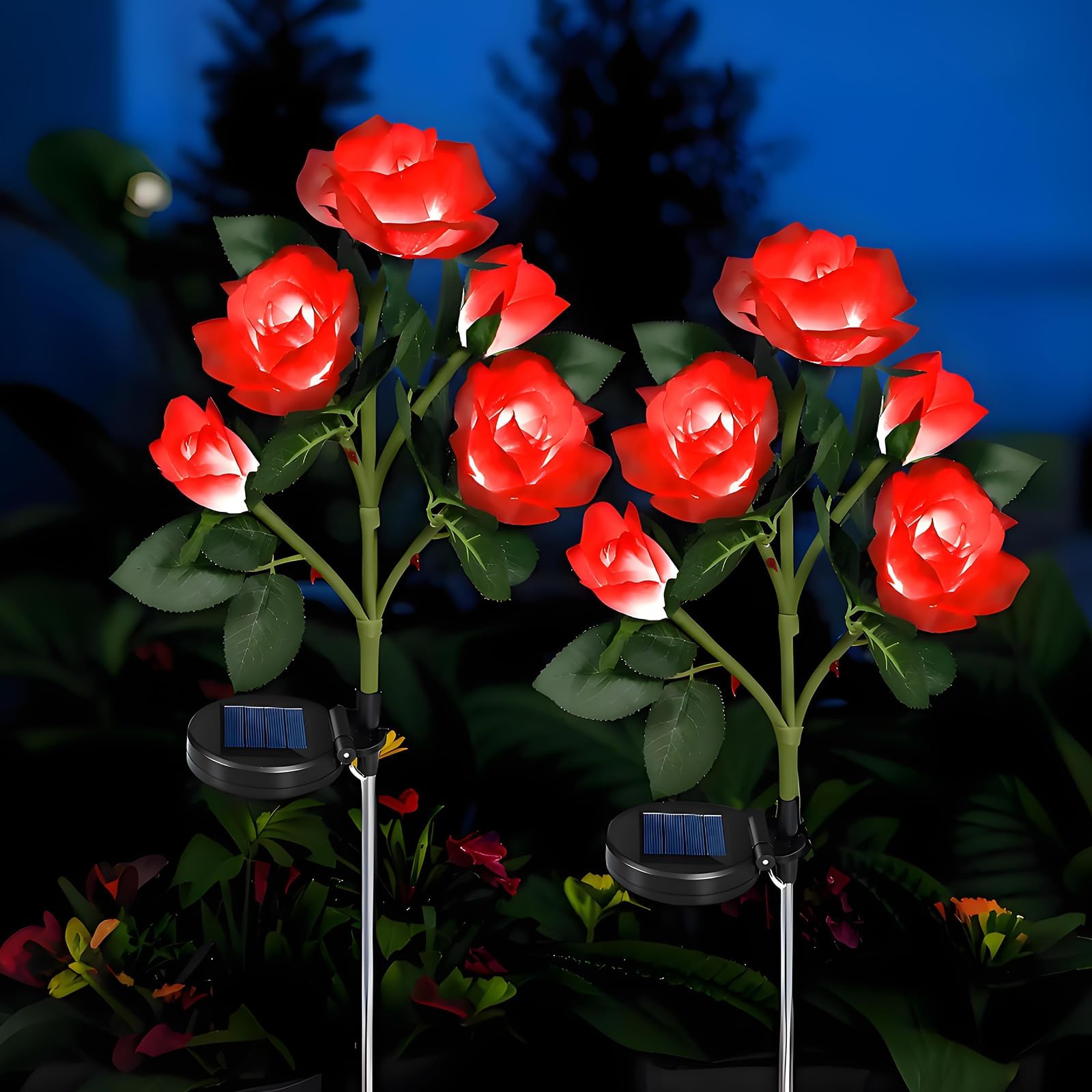 Hqynss 2 Stück Set Solarlampen Außen Garten, IP65 Wasserdichte LED Solar Rosen Blumen, solar blumen für Terrasse, Balkon, Weg, Hochzeit (Rot)