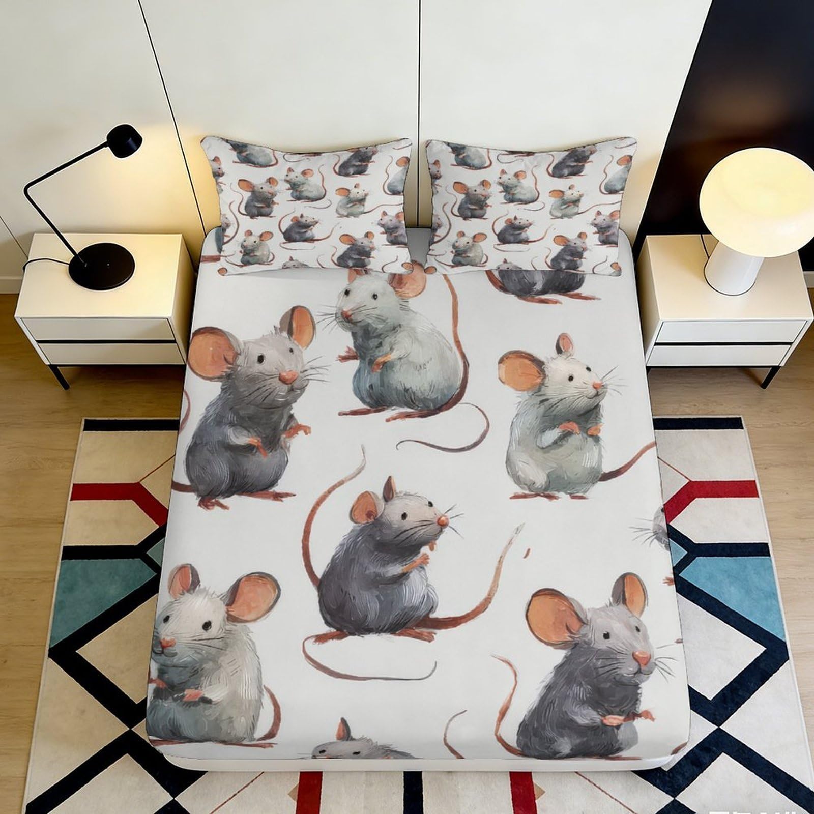 3D Printed Cute Mouse Pattern Fitted Sheet Microfiber Soft Durable Cartoon Rats Bed Cover for Bedroom Dormitory Guest Room Mattress Protection 140x200x25cm
