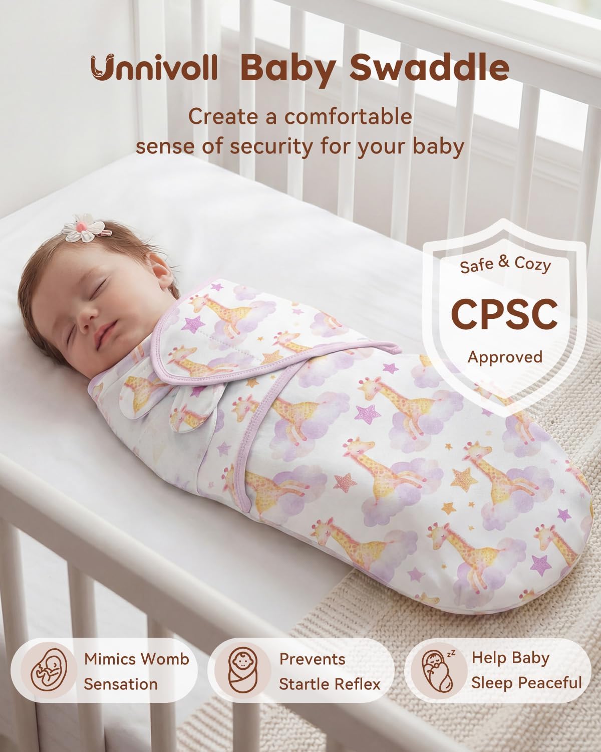 Baby Swaddles for Newborns 100% Cotton Newborn Swaddle Sack 3 Pack Baby Swaddles 0-3 Months Swaddle Sleep Sack for Newborn Baby Boy Girl Purple Clouds & Yellow Giraffe - Image 2