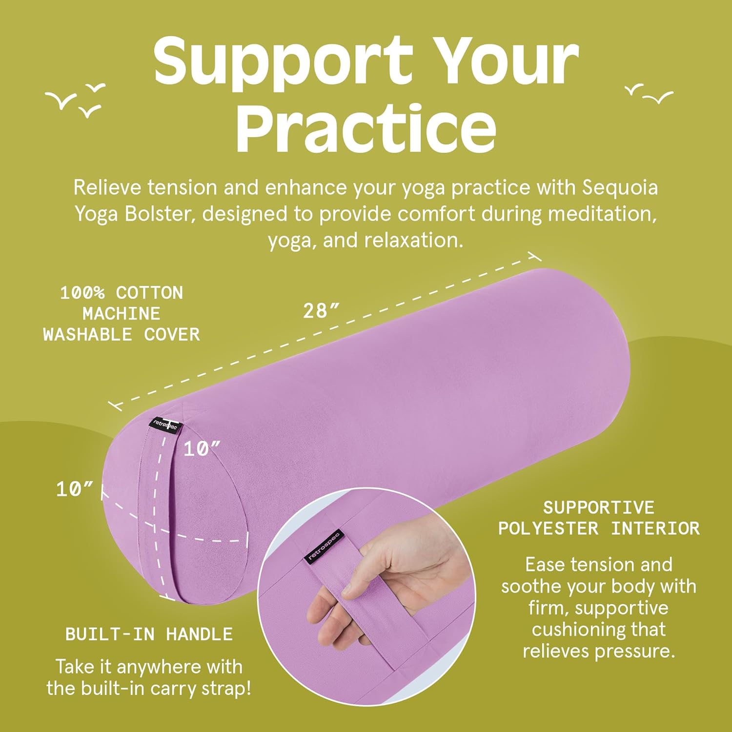 retrospec retrospec sequoia yoga bolster pillow - meditation cushion for yoga practices - includes machine washable 100% cotton cover & durable carry handle wisteria round