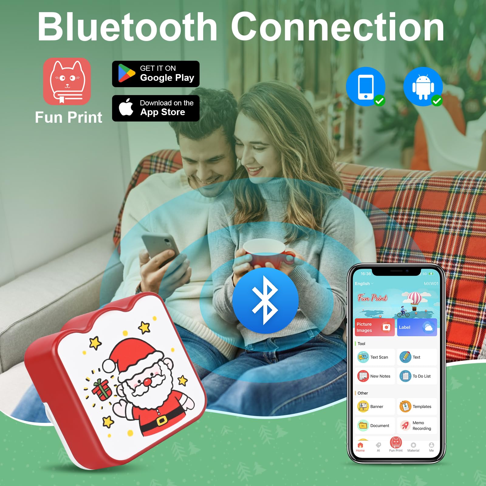 Mini Impresora para Movil, Navidad Impresora Fotográfica con 13 Rollos de Papel, Portátil Mini Impresora Bluetooth Inalámbrico Impresora Térmica, Movil Impresora Fotos, para Fotos Nota, Imagen