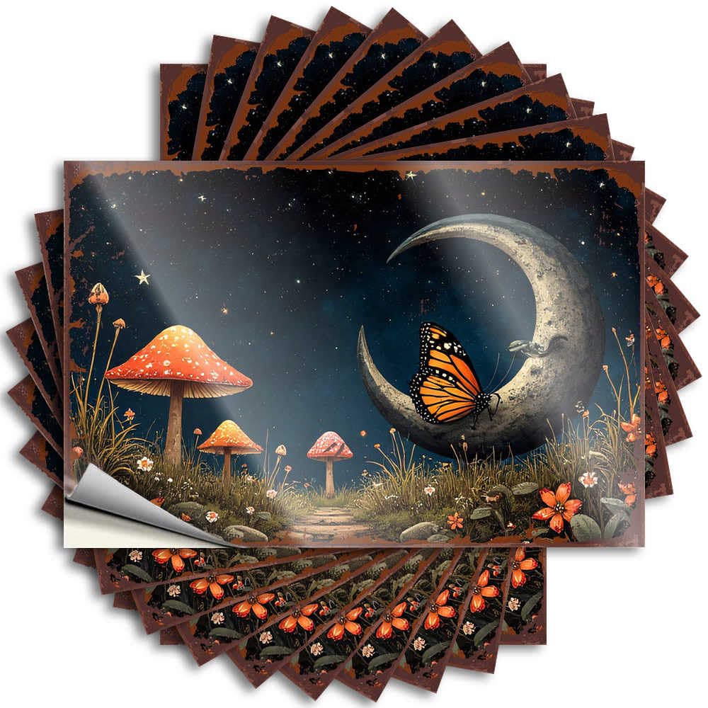 Sticker Western Bathroom, Billiard Garage Mystical Night Garden with Crescent Moon and Butterfly | Mens Office Decor(6X9CM)