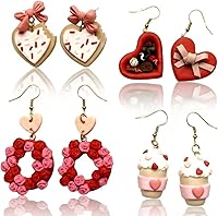 Cunno 4 Pairs Handmade Polymer Clay Heart Earrings for Women - Cute Valentine's Day Love Jewelry Gifts for Mom Wife