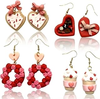 Cunno 4 Pairs Handmade Polymer Clay Heart Earrings for Women - Cute Valentine's Day Love Jewelry Gifts for Mom Wife
