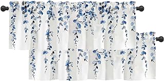 2 Pack Watercolor Blue Leaves Window Valance for Bedroom Living Room, Leaf Vine Plant