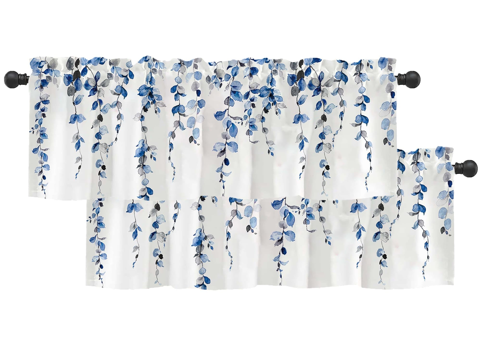 debraleye 2 Pack Watercolor Blue Leaves Window Valance