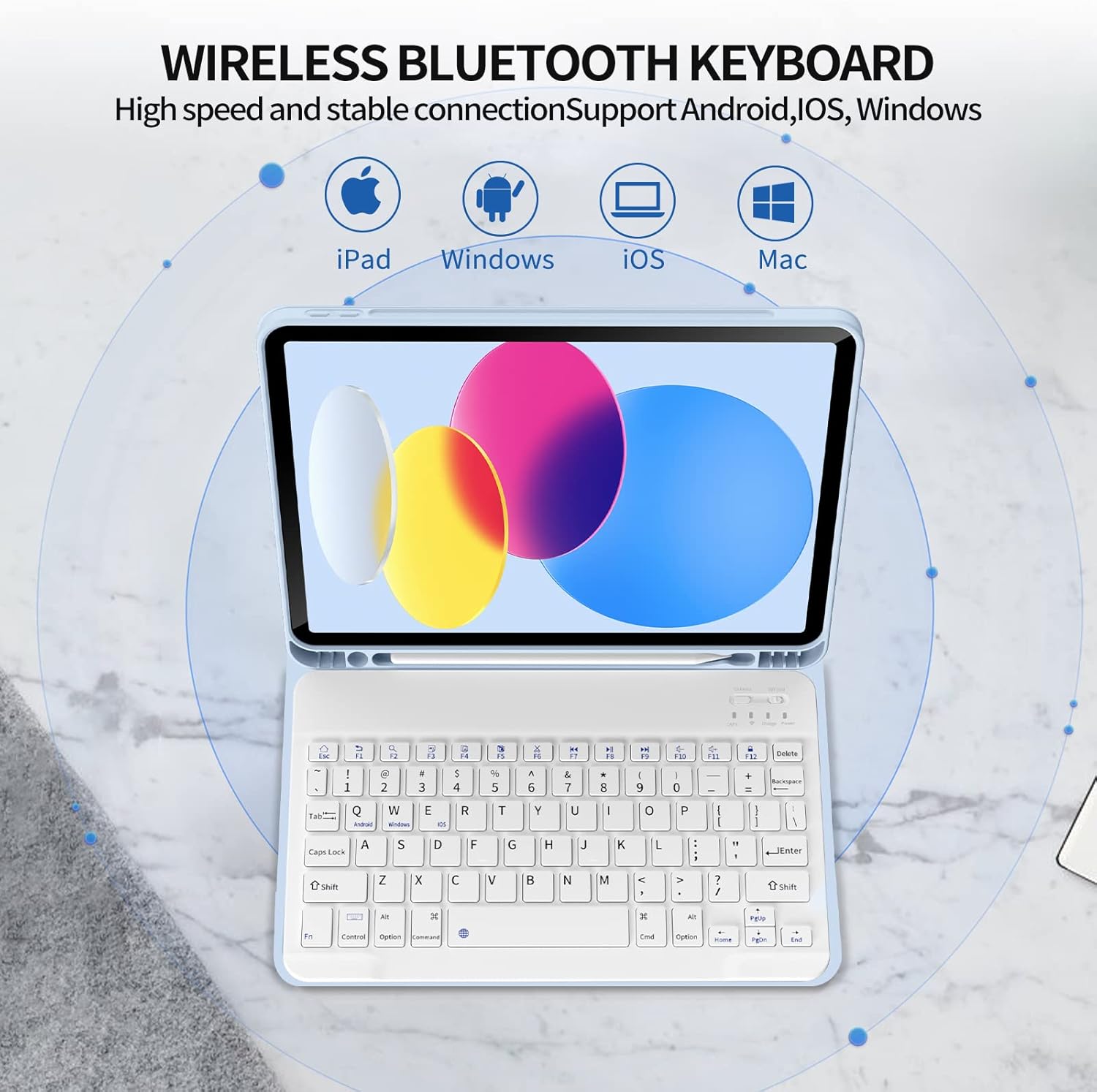 kenke Keyboard Case for iPad 10th Generation (10.9 Inch 2022) / iPad A16 11th Generation (11 inch 2025) with Pencil Holder, Stand Folio Detachable Wireless Bluetooth Keyboard Cover, Sky Blue