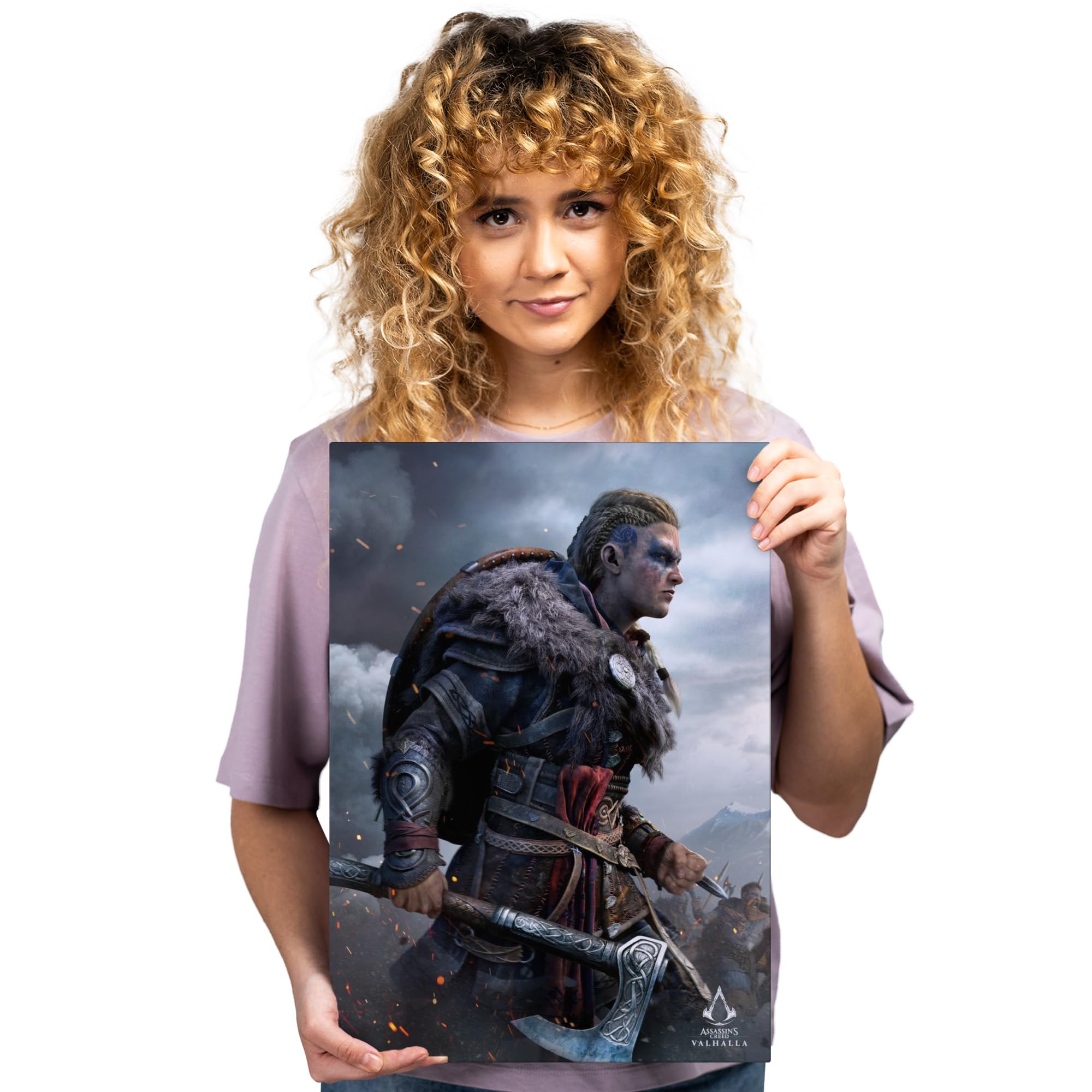 Displate - Poster aus Metall - Einfache Montage ohne Bohren - Assassin's Creed - Assassin's Creed Valhalla Key Arts - Valhalla Viking - Größe M - 32 x 45 cm Matt