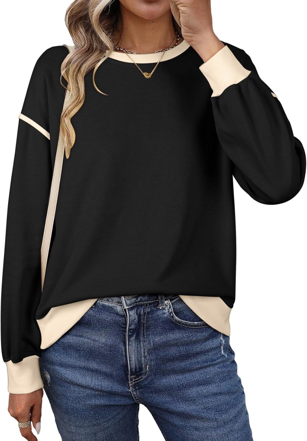 SHEWIN Womens Sweatshirt Casual Long Sleeve Lightweight Crewneck Sweatshirts Loose Solid Contrast Trim Pullover Tops