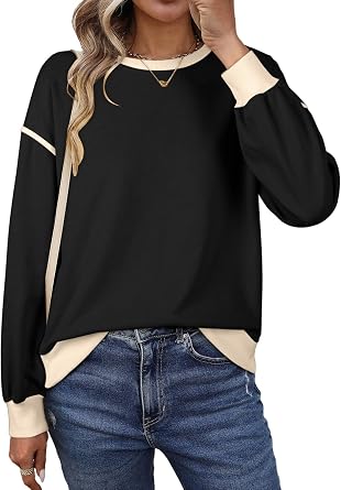 SHEWIN Womens Sweatshirt Casual Long Sleeve Lightweight Crewneck Sweatshirts Loose Solid Contrast Trim Pullover Tops