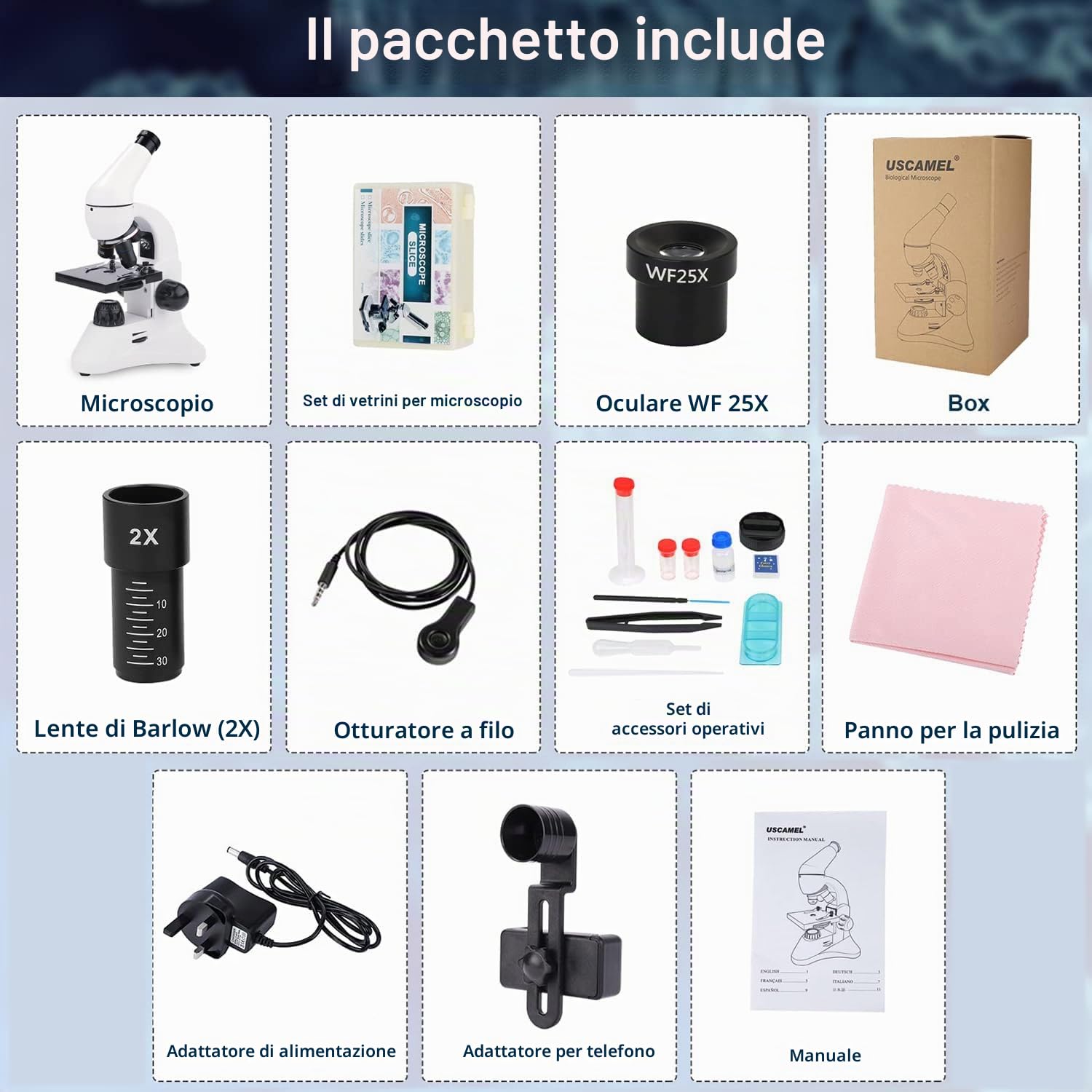 USCAMEL 40X-2000X Microscopio per Bambini Studenti Adulti, con Vetrini per Set, Microscopio Professionale per Scuola Laboratorio Home Biologico Enducation