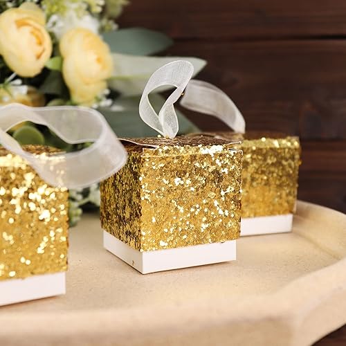 Miniatura 2 de TABLECLOTHSFACTORY - Paquete de 25 cajas de regalo con lentejuelas doradas de 2 pulgadas con lazo de cinta blanca, cajas de recuerdo de fiesta,