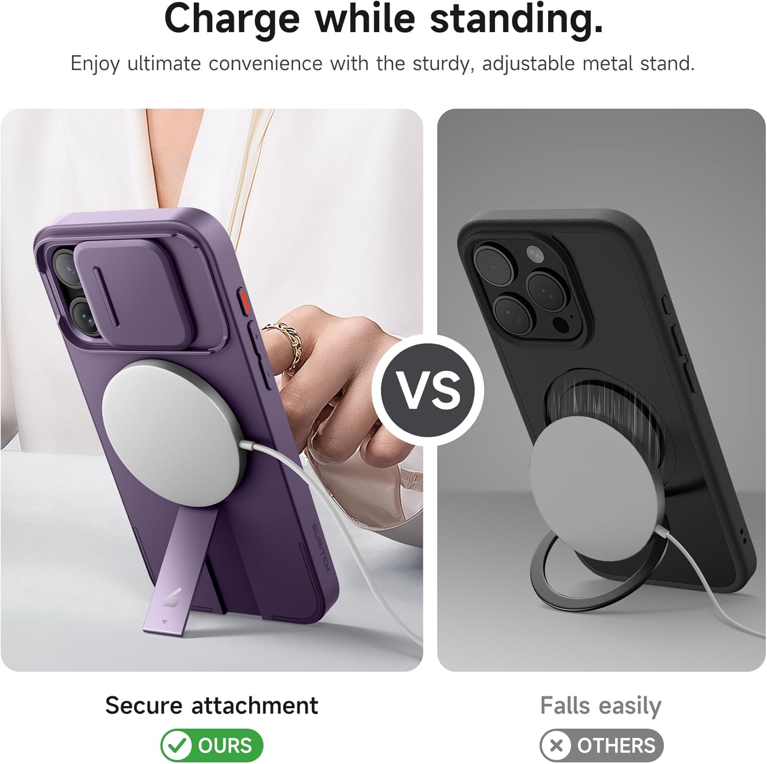 SURITCH for iPhone 15 Pro Max Case with Magnetic Camera Slide Cover and Adjustable Kickstand, Compatible with MagSafe, Shockproof Bumper Case Slim Protective Cover 6.7 Inch, Dark Purple - Image 5