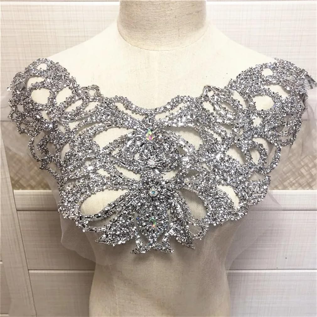 Generic Silver Double Side Embroidered Crystal Patches Rhinestone Collar Necklace Appliques for Wedding Dress Accessory