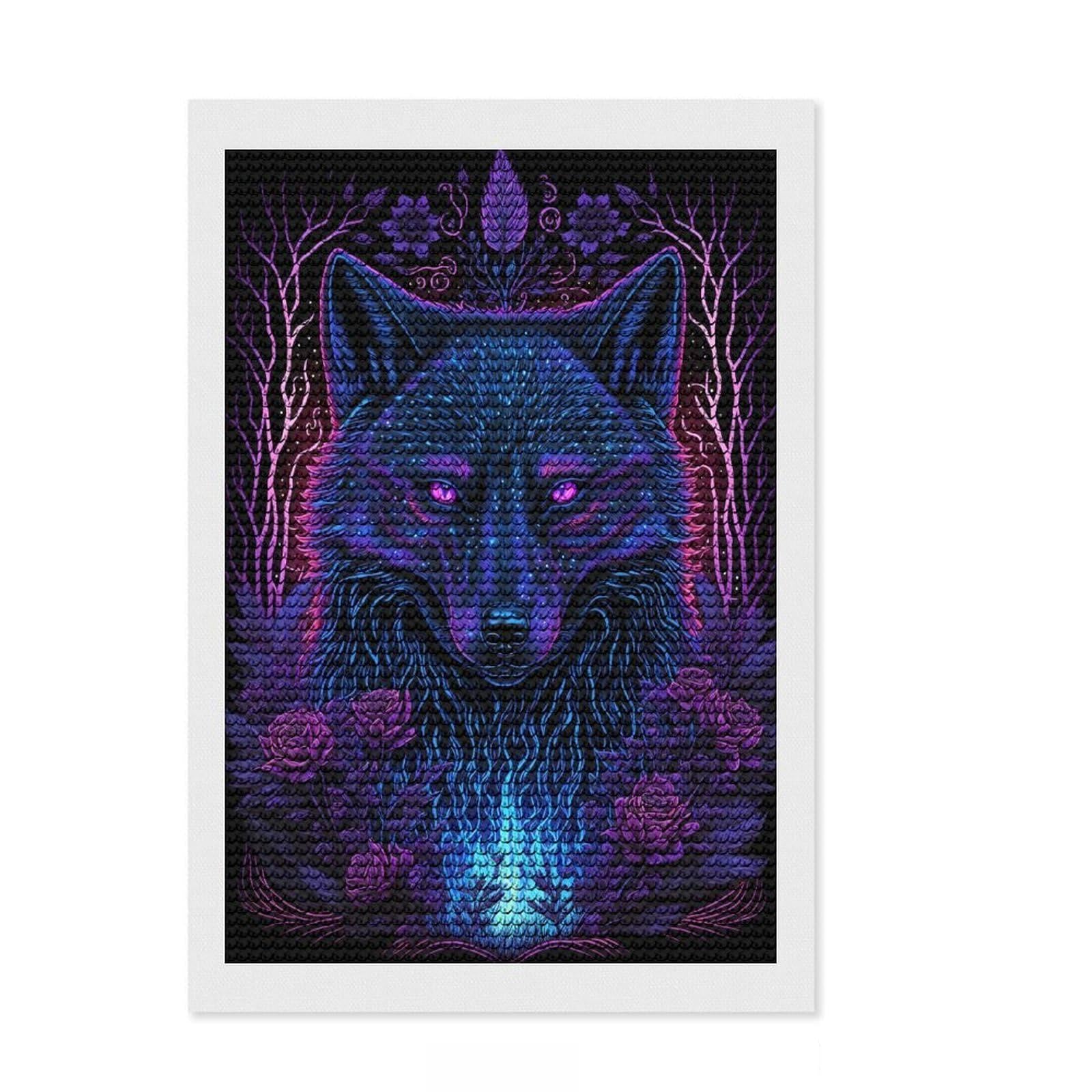 Junmoney Black Light Wolf 5D Diamond Painting Kit 8"x12", Easy to Enjoy, Cute Room Decor, Full Kit Included, Creative Gift Idea