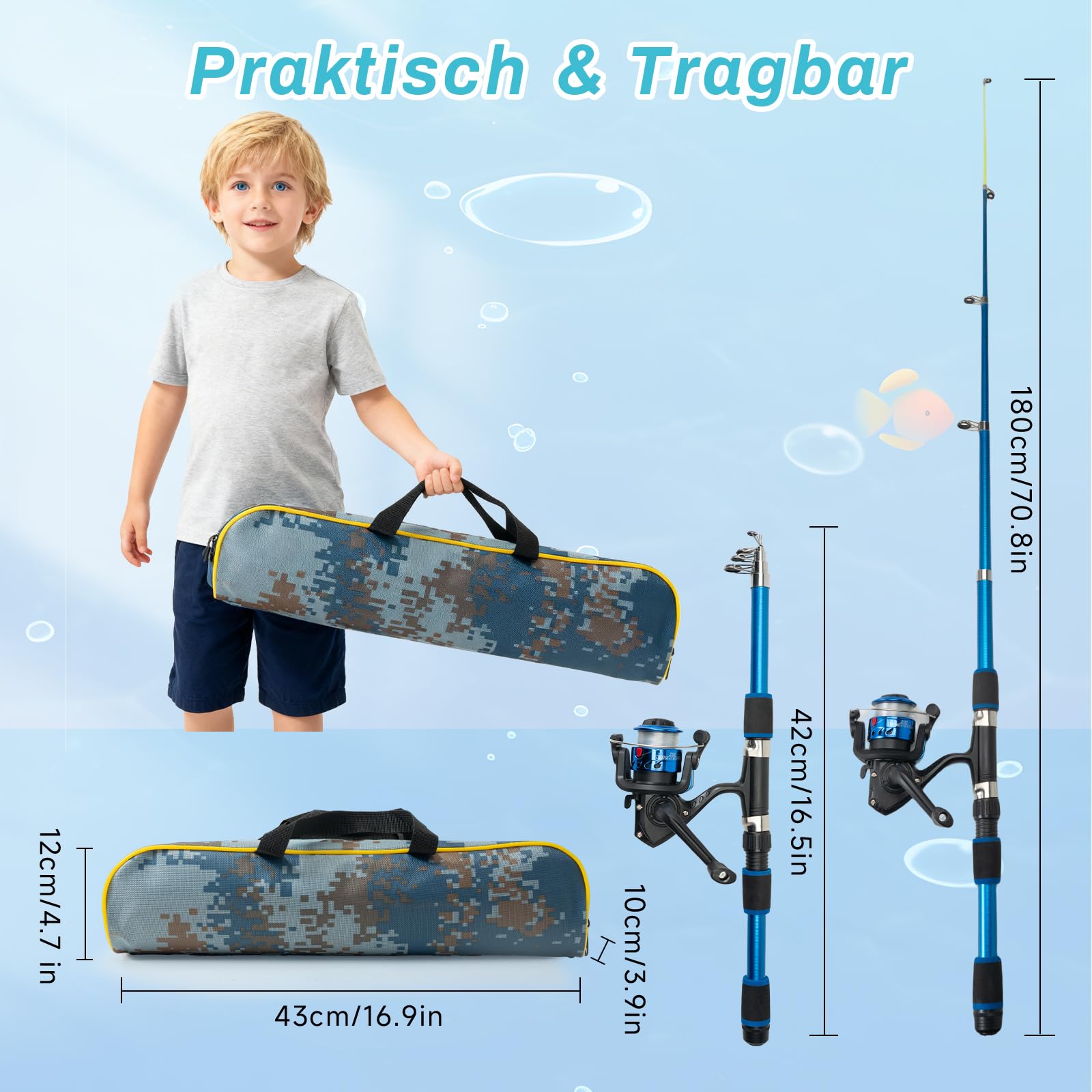 Angelset für Kinder, 2 Stück 1,8m Kinderangel Starter Set, Kohlefaser Teleskop Angelruten mit 5.2:1 Spinnrolle, Angelset Komplett Anfänger mit Köder, Angelzubehör Tragetasche, Süßwasser & Salzwasser