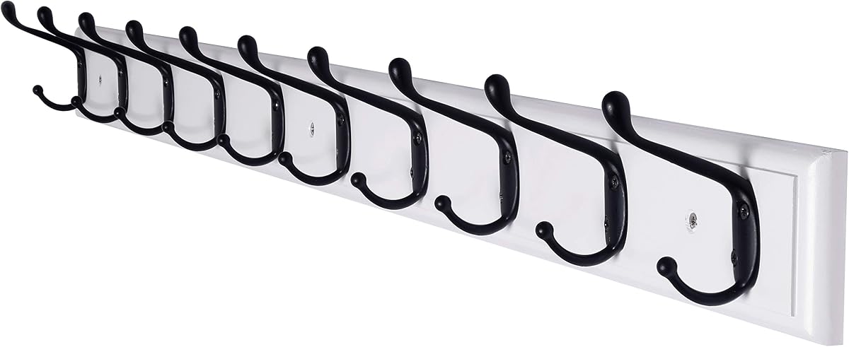 Coat Rack Wall Mounted: 10-Hooks, 16" Hole to Hole, 38-1/4" Long, Wood Coat Hooks Wall Mounted, Hook Rack, Hook Rail, Hooks for Hanging Coats, White & Black