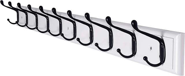 Dseap Coat Rack Wall Mounted with 10 Hooks, 97cm Long, Wood Coat Hooks Hanger Wall Mount, Hook Rack, Hook Rail, for Hanging Coats Hats Towels Jackets Clothes, White & Black
