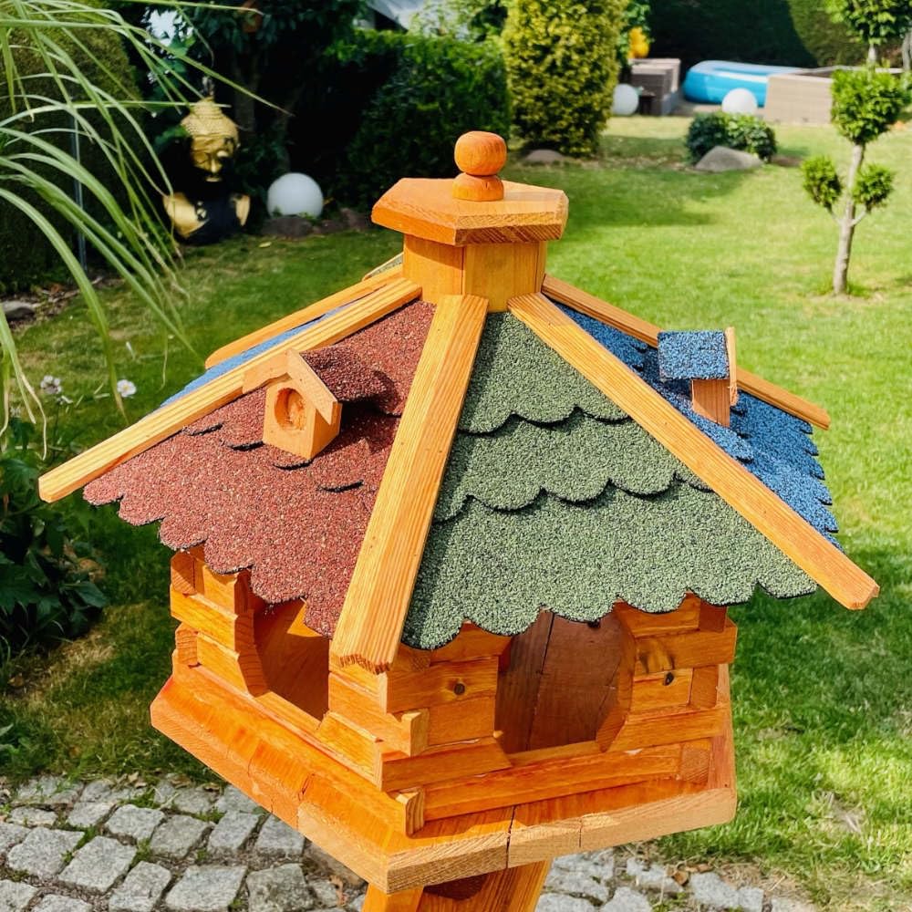 Comedero para pájaros hecho a mano, tamaño XL, hexagonal, de madera, multicolor, marrón/azul